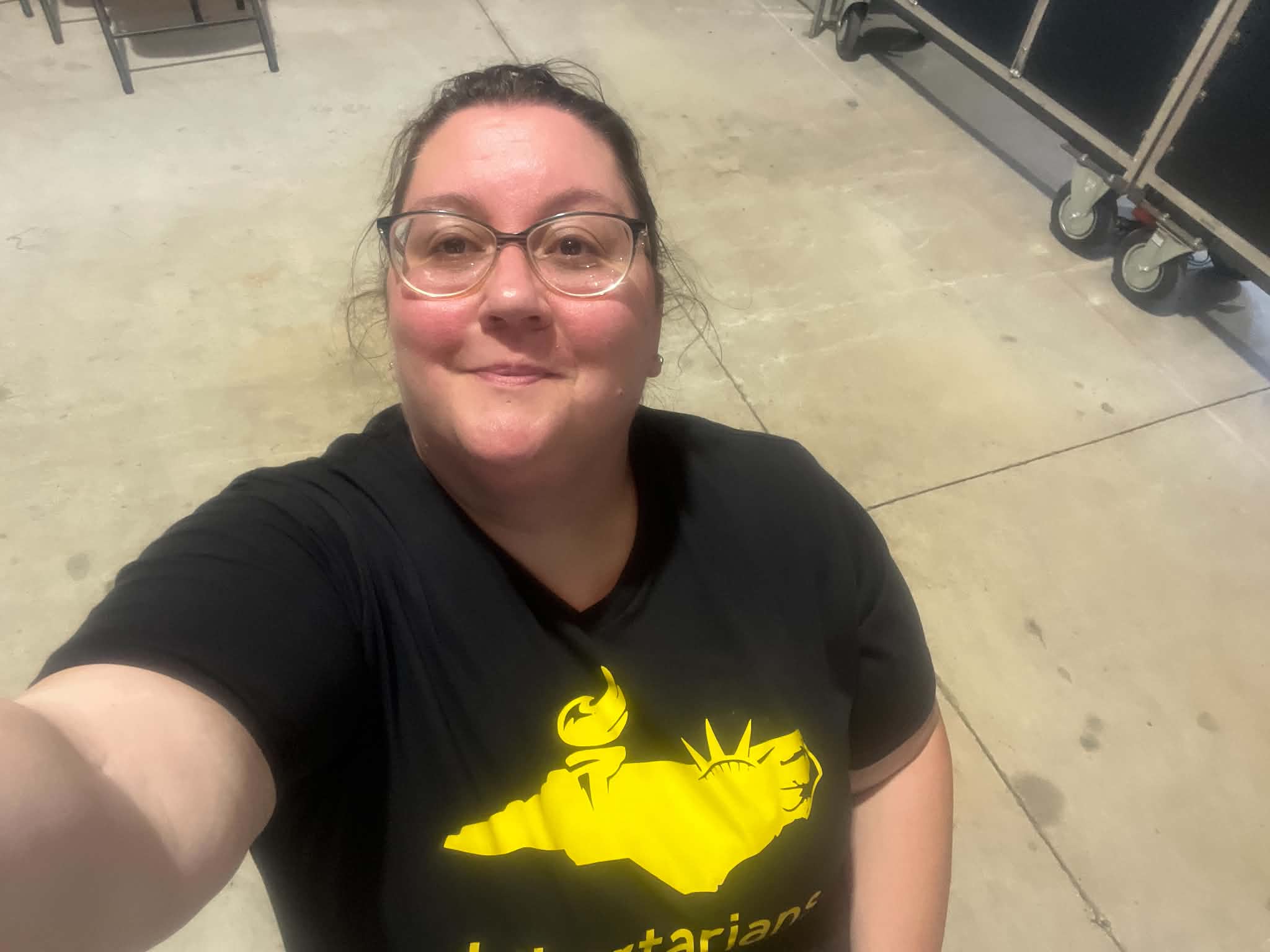 Felicia Dreher wearing a North Carolina Libertarian Party t-shirt